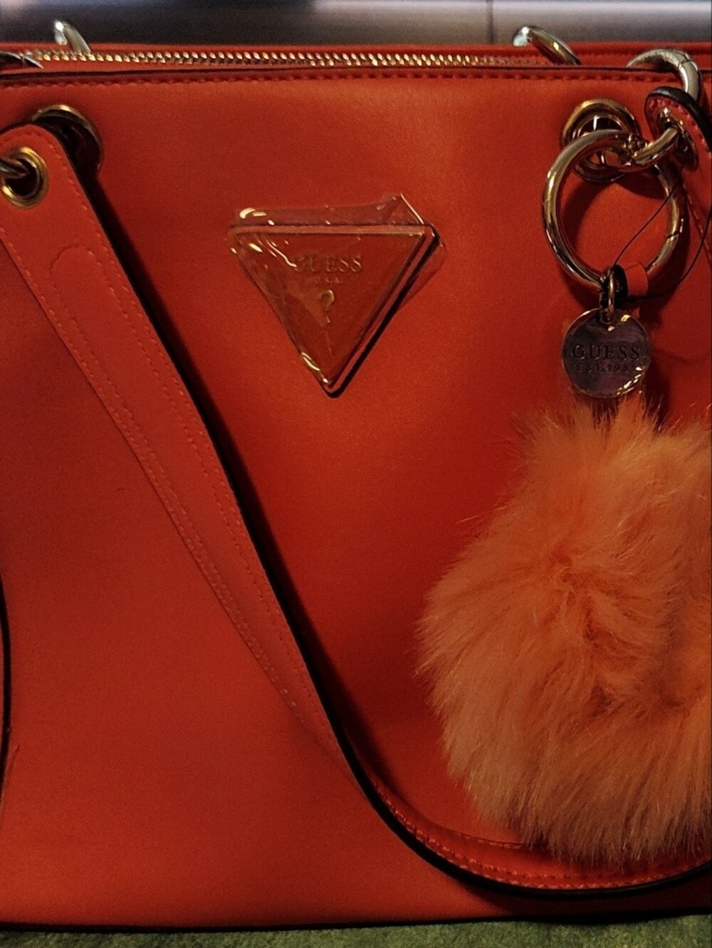 Guess Orange Women's Leather Tote with Pom Charm